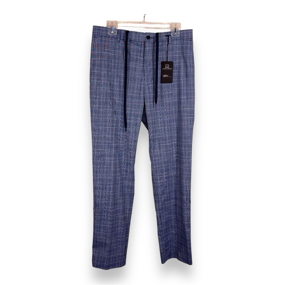 NEW 32x32 MICHAEL STRAHAN PANTS BLUE PLAID GOLF CASUAL DRAWSTRING